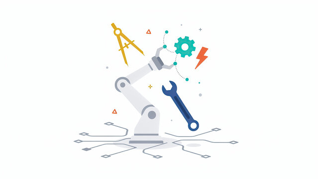 Flat vector illustration of a robotic arm performing industrial assembly tasks with engineering tools and circuits