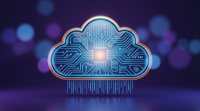 Glowing cloud icon with complex circuit board patterns and bright central light core set against dark blurred background symbolizing intelligent cloud computing and data processing