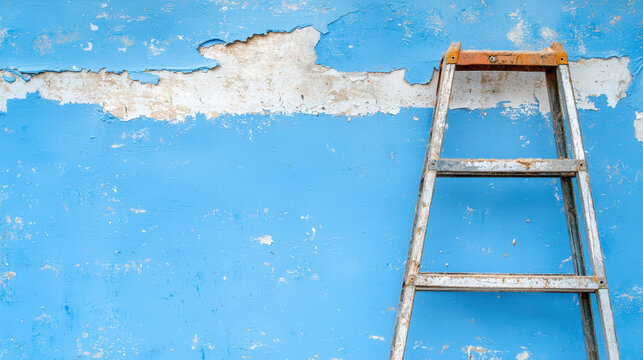 Weathered ladder leans against peeling blue wall, showcasing contrast between metal and textured surface. scene evokes sense of renovation