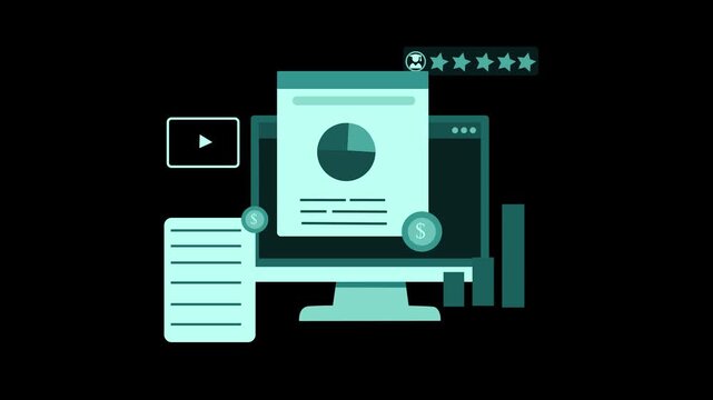 Flat-style animation of desktop computer with analytics dashboard charts coins documents video icon and five-star review