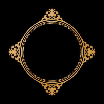 Luxury Golden Vintage Ornate Circular Frame Isolated Design on Black Background. Design print for Greeting, Invitation, Book Cover, and Wall Mirror. 3