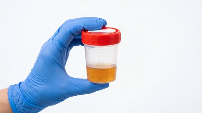Hand in blue glove holding urine sample cup with red lid for medical testing.