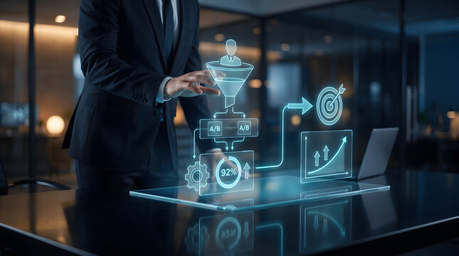 Professional business person interacting with a futuristic holographic interface display in a modern dark office environment