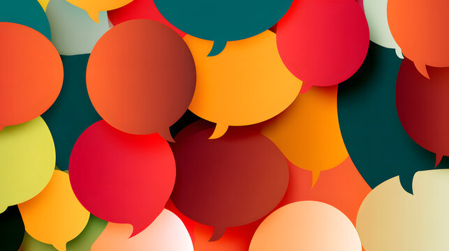 Dynamic speech bubbles in multiple hues serve as a fun setting, representing dialogue and exchange in a contemporary context