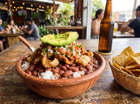 Traditional Costa Rican chifrijo with rice, beans, pork belly, and avocado served in a clay bowl at a restaurant