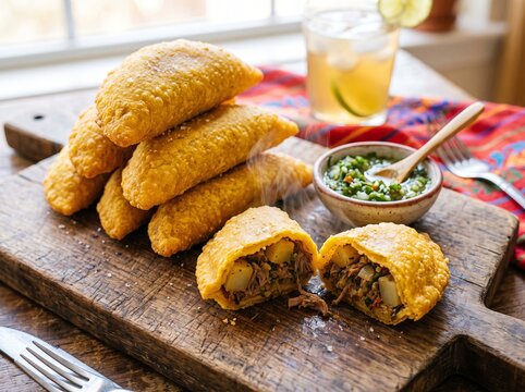 Colombian empanadas filled with beef and potato on a wooden board with green sauce
