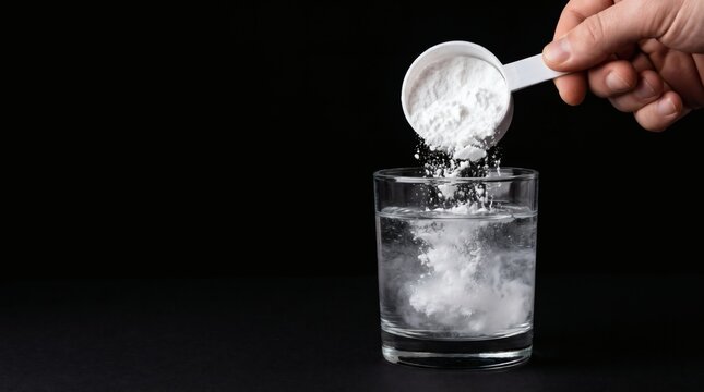 Hand pouring white powder from a scoop into a glass of clear water on a black background.
