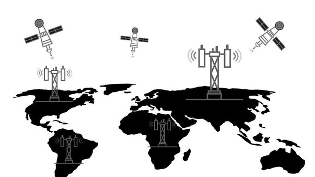 Stylized world map continents showing cell towers and satellites communicating animation