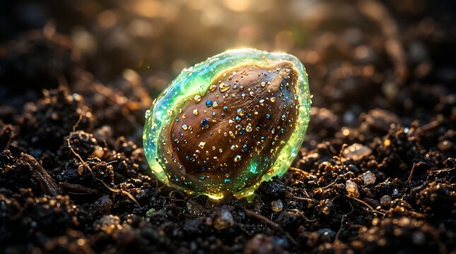Glowing seed germinating in dark rich soil at sunrise with sprouting seed nature growth sunrise light magical plant glowing sprout organic matter earth texture biological growth soil backgroun