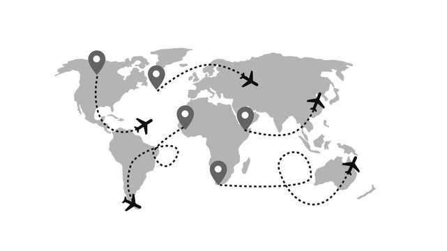 Flat world map with location pins and airplanes connected by dotted routes animation