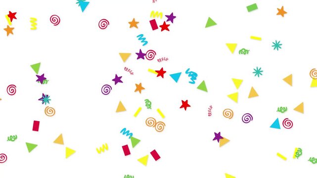 Colorful Geometric Confetti Bursting and Floating on White Background