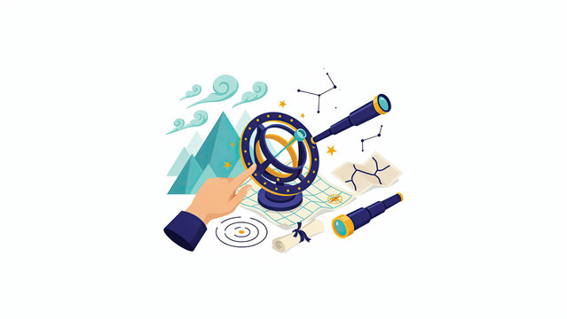 Flat vector illustration of a vintage armillary sphere with telescope and maps for celestial navigation concepts