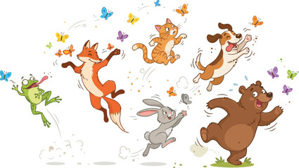 Obraz premium A group of happy cartoon animals playing together in a joyful scene.