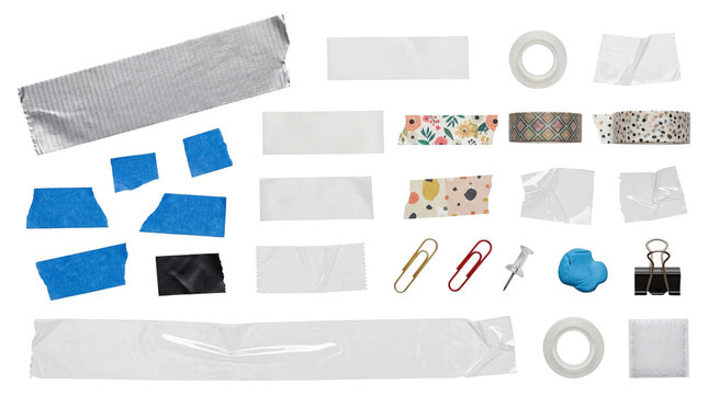 Assorted Adhesive Tapes Paperclips and Stationery Office Supplies Collection Isolated on White Background