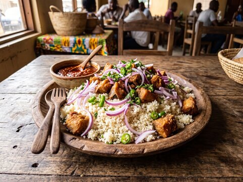 Ivorian Garba dish with fried tuna, attieke, onion, and chili on a wooden platter in a restaurant setting