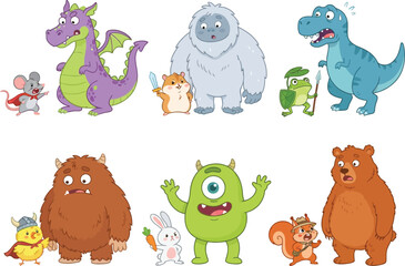 Fototapeta premium A collection of cute cartoon characters featuring various mythical creatures and animals.