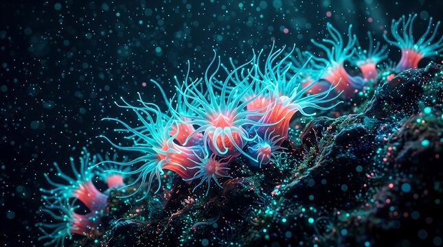 Bioluminescent marine anemones glowing underwater in the deep dark ocean with marine life sea anemone glowing plants sea creatures glowing blue dark water marine biology underwater world