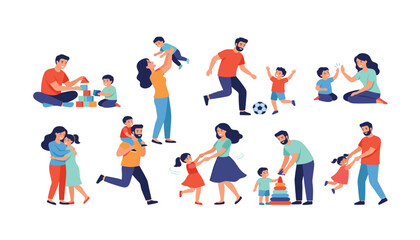 Fototapeta premium Happy parents playing with children vector illustration set containing diverse family activities isolated on white background bundle