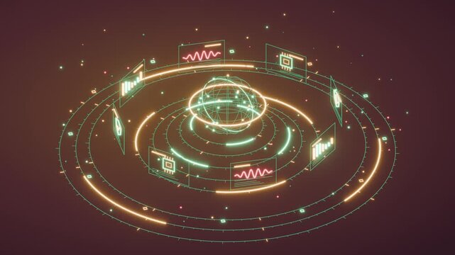 Hologram globe orbit technology interface loop warm futuristic data shows glowing dashboards circling a wireframe world with rings and particles for science presentations and broadcast backgrounds