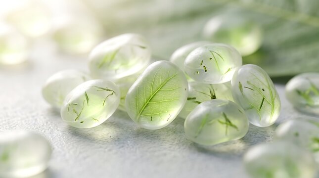 Smooth green glass stones with leaf imprints on a textured surface leaf imprint stone collection glass art nature decor clear stones leaf design glass material pebble stones leaf pattern