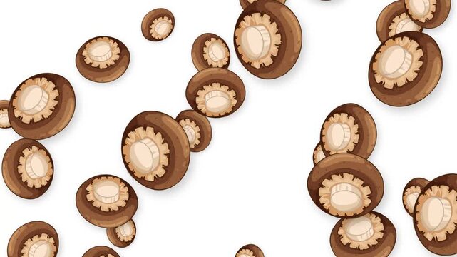 Falling Brown Button Mushrooms Animation on Isolated White Background