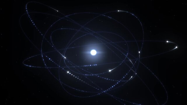 Atomic orbit particles science background seamless loop blue nucleus shows electrons tracing curved paths around a radiant core in dark space for physics education research and presentations