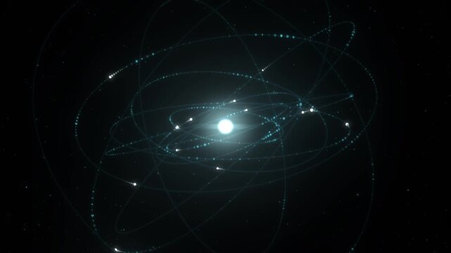 Orbital particles abstract science background seamless loop cyan energy shows points traveling along elliptical paths around a core for scientific displays technology themes and space visuals