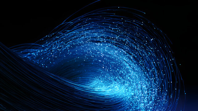 Modern, curved blue fiber optic cables with a futuristic glow, symbolizing swift internet connections and adaptable digital network communication