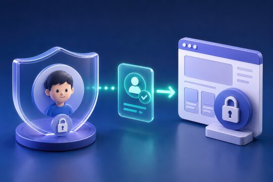 Online age assurance concept shows Child protected by shield and padlock icon with verified ID connecting to secure website.