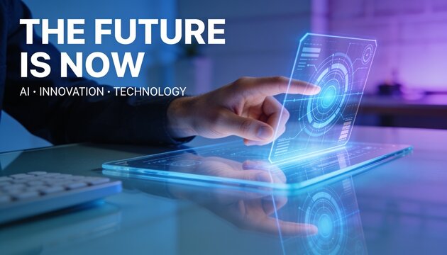 Modern workspace featuring a human hand interacting with a transparent holographic AI interface, realistic glass reflections and blue violet lighting, with premium technology advertising typography.