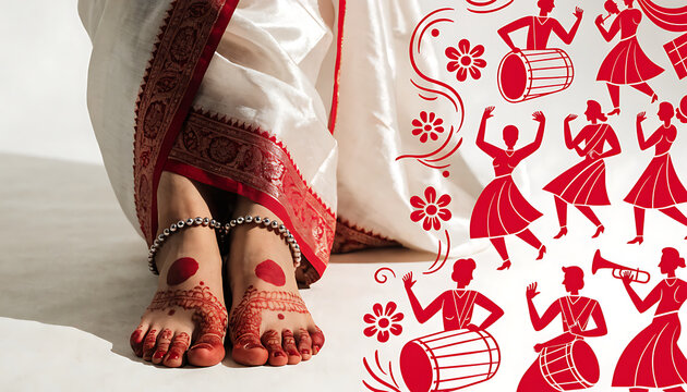 Close up of Indian woman feet with henna and anklets wearing a traditional white saree