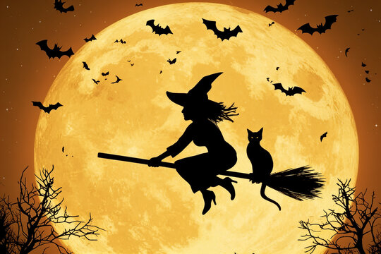 Silhouette witch riding broom with black cat against giant moon