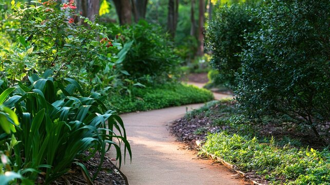 disappearing. A garden path forking into a narrow trail disappearing into shrubs. travel magazines, destination branding, designed for travel destination branding, used by sports marketers.
