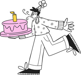 Naklejka premium Happy Man Carrying Birthday Cake Line Art