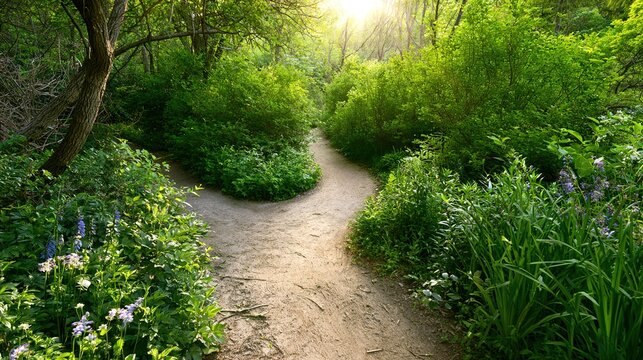 disappearing. A garden path forking into a narrow trail disappearing into shrubs. travel magazines, destination branding, designed for travel destination branding, used by sports marketers.