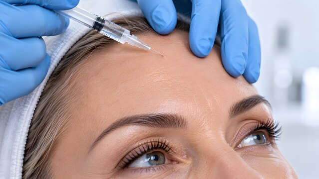 Hyaluronic acid injections or mesotherapy treatment for forehead wrinkles reduction