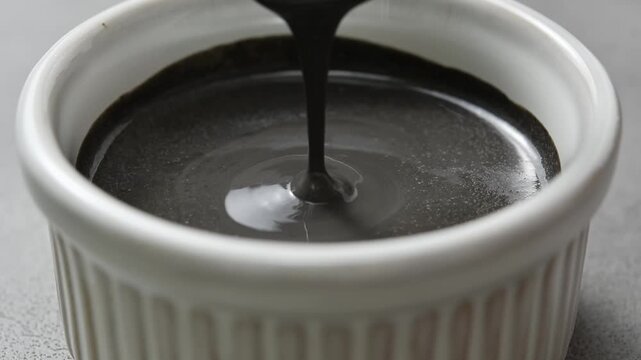 Close view shows texture of black sesame paste mixed with milk, dripping smoothly from spoon for specialty cafe drink prep.
