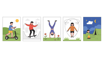 Fototapeta premium Collection of five colorful vector illustrations showing diverse youth activities like skateboarding, scooter, handstand, and camping.