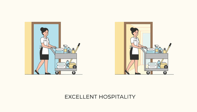 Hotel cleaning staff or hotel maids pushing housekeeping carts through room hallways representing excellent hospitality.