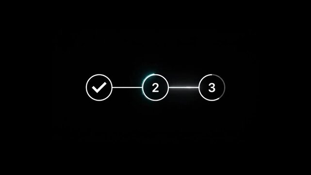 Modern 3 Step Progress Stepper Animation with Checkmark Completion Indicators on Black Background