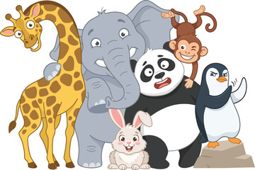 Naklejka premium A group of cute cartoon animals including a giraffe elephant panda monkey rabbit and penguin.