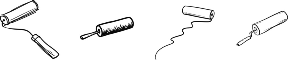 Obraz premium A simple black-and-white doodle illustrates an artists hand-drawn paint roller, its curved handle and cylindrical roller head clearly depicted against a pure white background