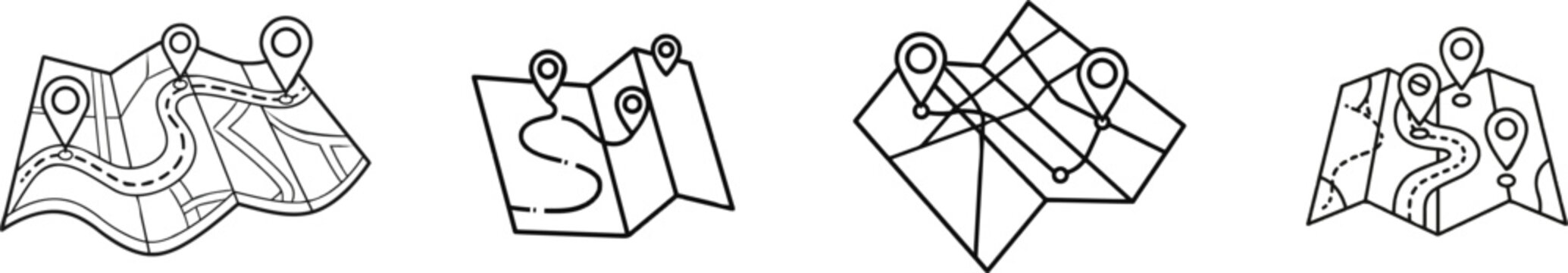 A minimalist black and white flat vector illustration of an unfolded paper road map with route lines and city markers on a pure white background