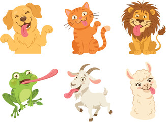 Fototapeta premium A collection of six cute cartoon animals with their tongues sticking out.