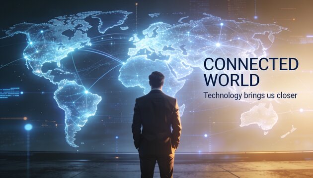 Businessman standing before a massive glowing digital network linking cities worldwide, combining futuristic technology with an optimistic corporate atmosphere and integrated connected world typograph