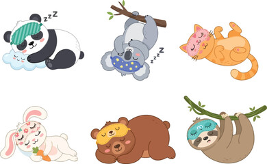 Fototapeta premium A collection of six cute cartoon animals sleeping peacefully with various sleep accessories.