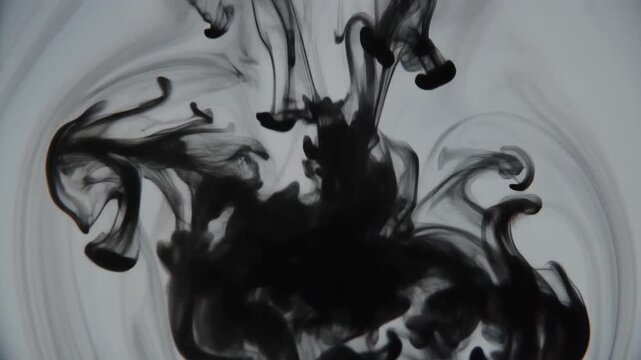 Black ink diffusing across the surface of still water in slow marbled patterns