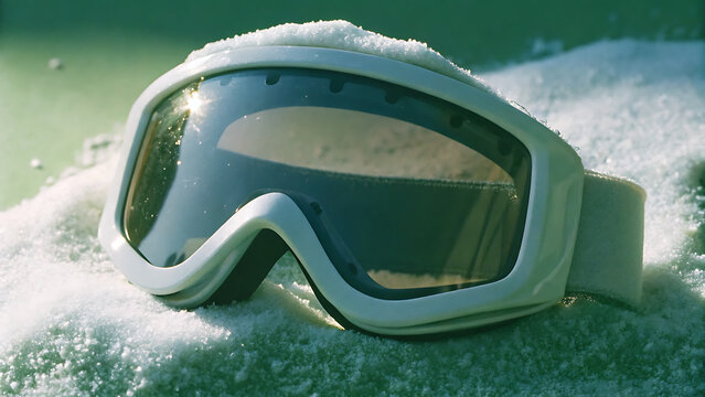 White ski goggles resting on fresh snow with natural sunlight