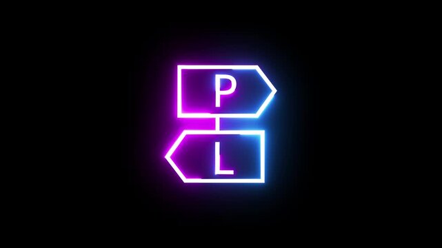 Neon directional arrows showing letters p and l with glowing light effect on black backdrop