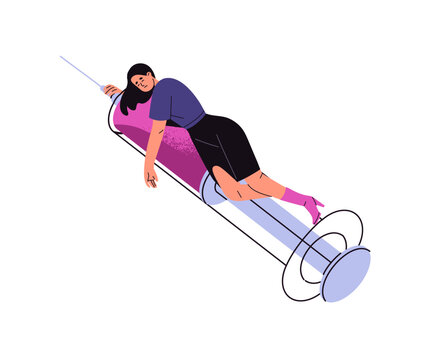 Drug addiction concept. Sad girl suffers from narcotic dependence. Person abuses pharmacy. Young woman with overdose is on abstract syringe of heroin. Flat isolated vector illustration on white